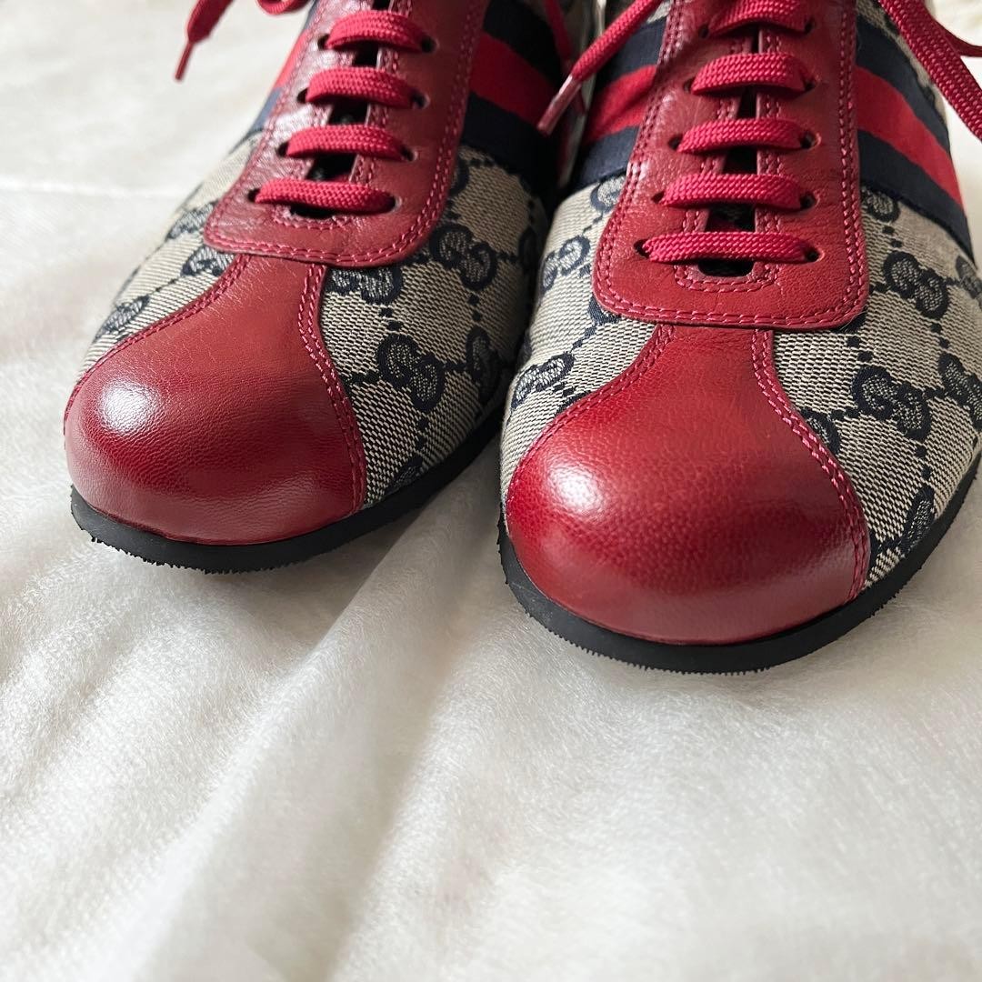 Auth Gucci Leather GG Low cut Sneakers Red Beige Logo EU36 US6 UK3 Women thumbnail 6
