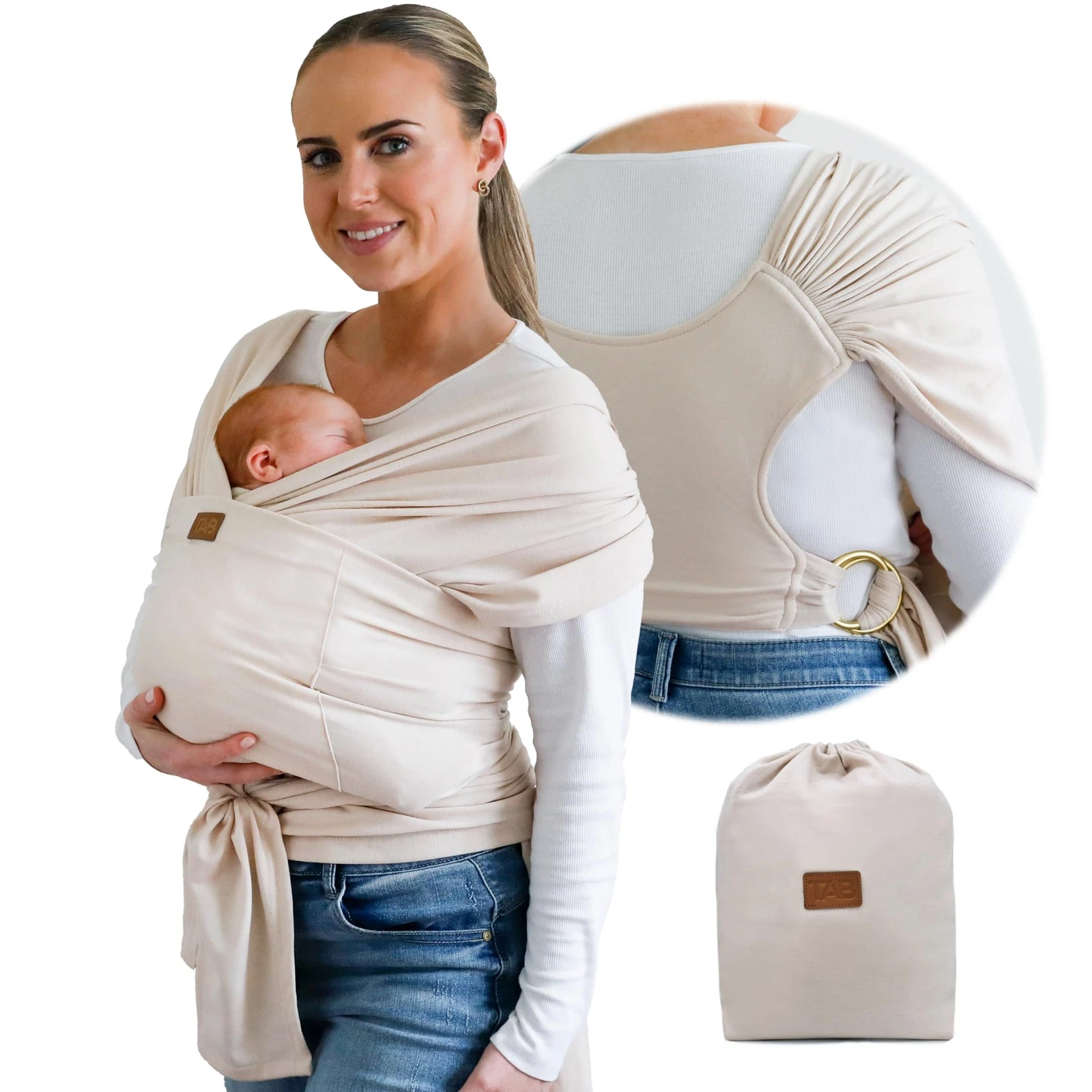 Stylish Beige Gold Baby Carrier Wrap Comfortable, Soft Supportive, Adjustab...