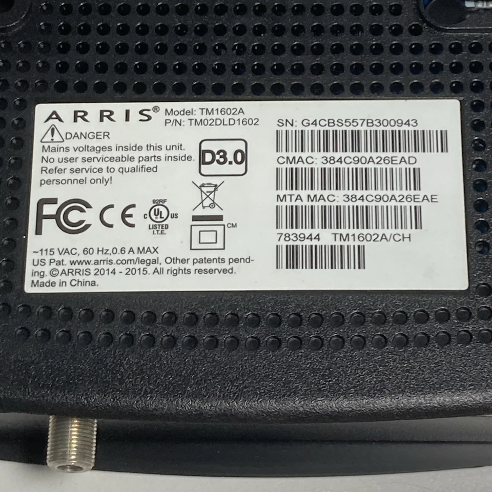 Arris TM1602A 3.0 Cable Modem  for Charter Optimum Cablevision As Is Unit Only - Image 3 of 4