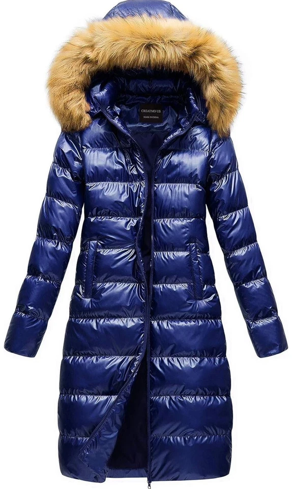Abrigo largo acolchado con capucha de piel - Chaqueta de invierno azul brillante burbuja, acolchado cálido Foto 4 de 4