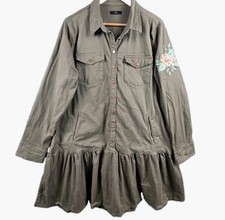 Ruti Shirt Dress XL Coming Up Roses Olive Green Floral Utility Military Surplus