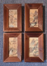 4 Vintage MCM Asian Shanshui Landscape Art Prints Thick Wood Frames 4 Seasons