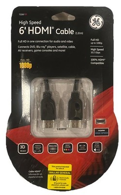 NEW~ GE High Speed 6 Foot HDMI Cable Full HD to 1080p 10.2 Gbps
