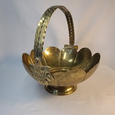 Vtg Brass Scalloped Basket with Grape Adorned Moveable Handle