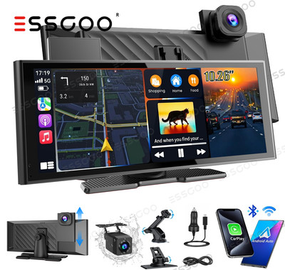 10.26'' Dash Cam Portable Apple Carplay Android Auto Dual Lens Reverse Camera 4K