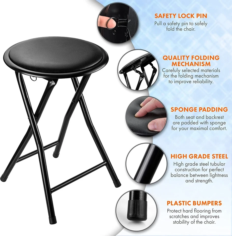 BLACK FOLDING STOOL ROUND FOLDABLE METAL FOR SPACE SAVING STOOLS PADDED SEAT NEW - Image 3 of 4