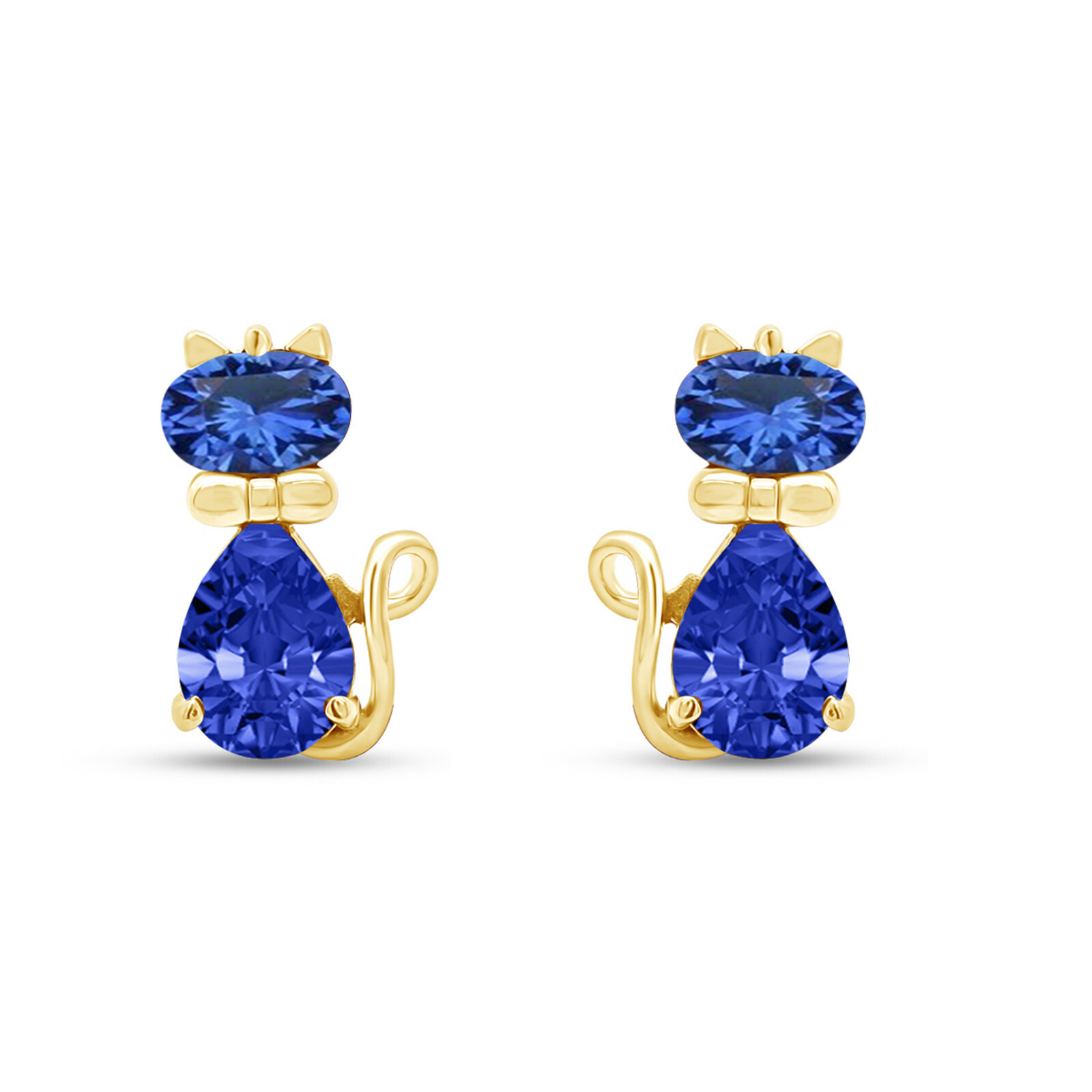 Blue Sapphire Cute Animal Cat Stud Earrings 14k Yellow Gold Plated Silver