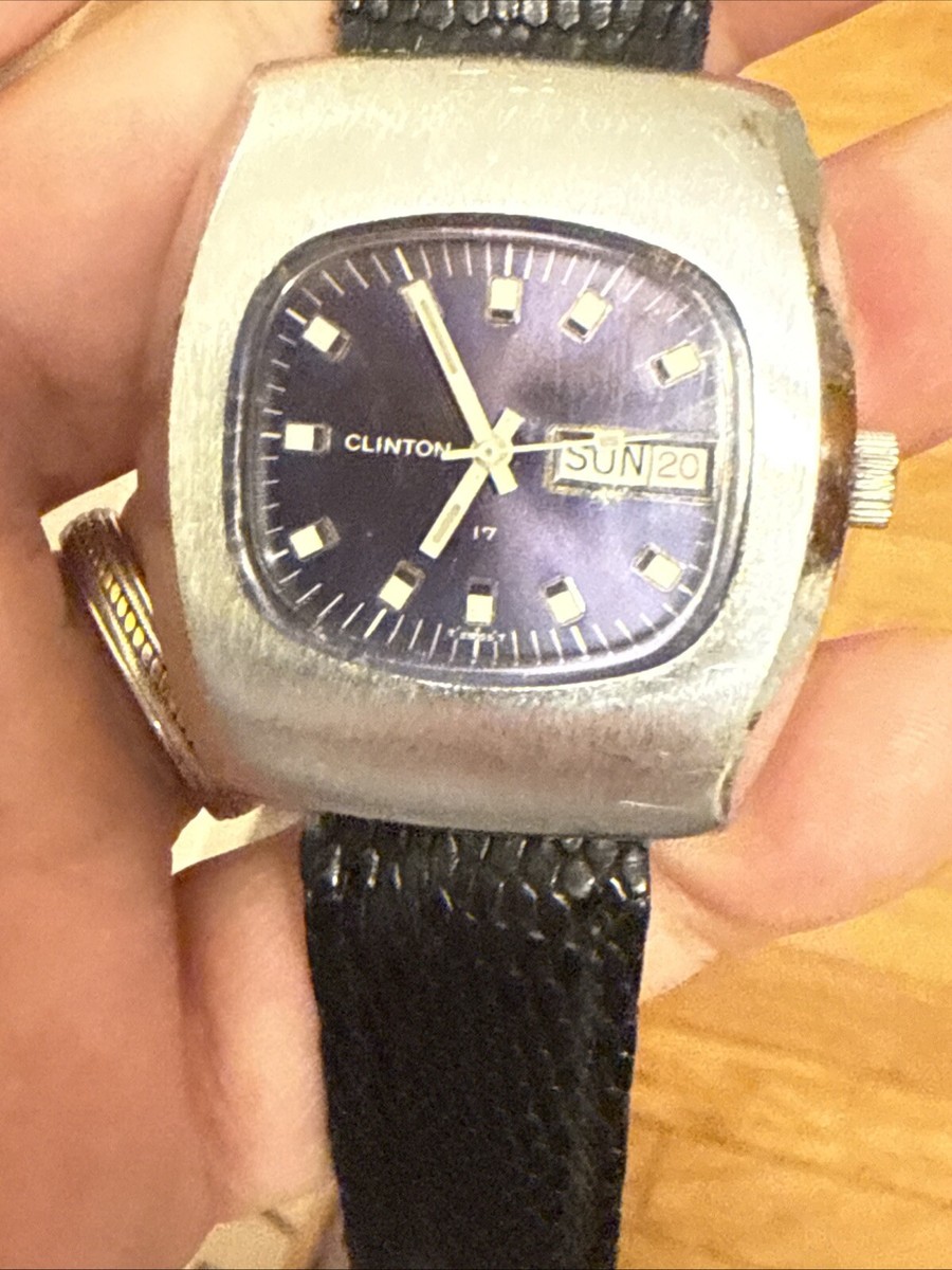 Rare Clinton Men's watch purple dial TV Set or UFO day date