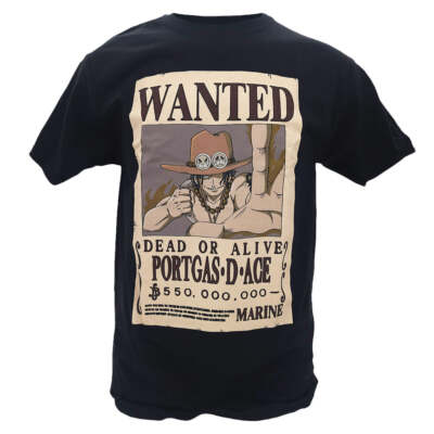 One Piece Wanted Poster Ace Herren T-Shirt Schwarz Baumwolle Rundhals