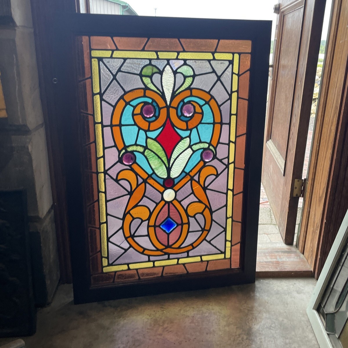 SG 4774 antique stained and jeweled glass window 28.75 x