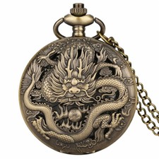 Classic Engraved Dragon Full Hunter Quartz Pocket Watch for Men with Chain Gift