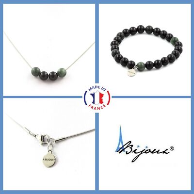 Bracelet Perles Agate Noire & Seraphinite De Russie 8 Mm - Fabriqué En France, Neuf Avec étiquettes
