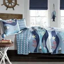 Coastal Quilt Set Twin Sea Life Blue White Ocean Reversible Cotton Bedding Cover