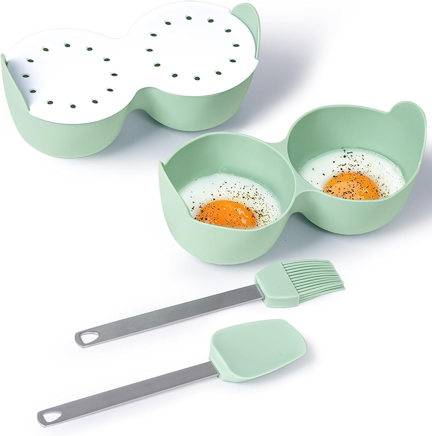 2-Cavity Silicone Microwave Egg Poacher Cooker with Lid & Handle - Dishwasher Sa