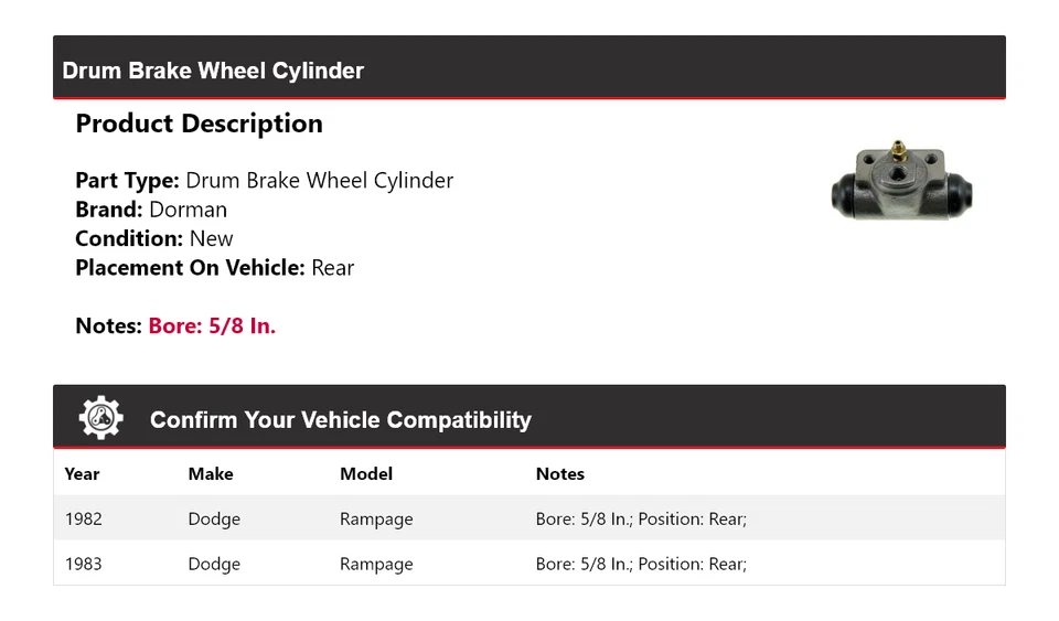 Cilindro de rueda de freno de tambor trasero para Dodge Rampage Dorman 1982-1983 Foto 2 de 3
