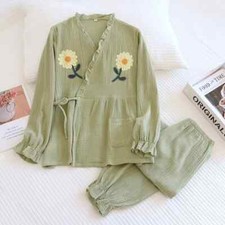 Two-piece Set Ladies 100 Cotton Pajamas Long-sleeved Trousers Set Loose Home