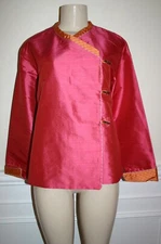KAI MIRA Sz S Pink Orange Plaid Trim 100% Silk Asian Toggle Blouse Top Boutique