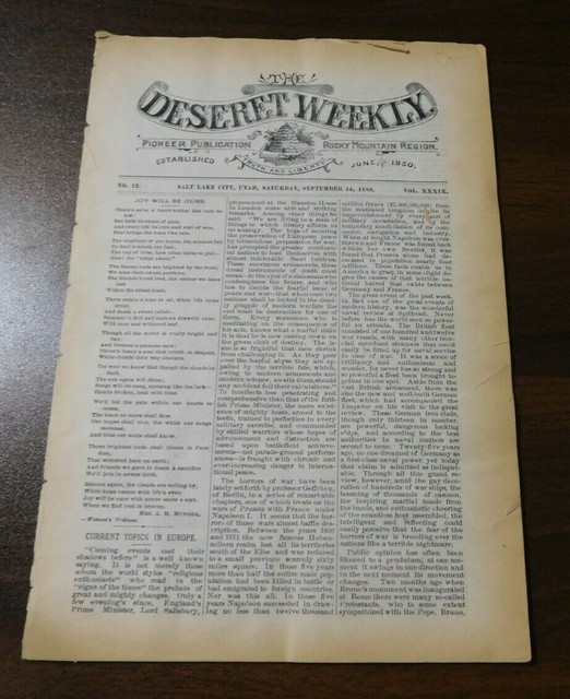September 1889 DESERET WEEKLY Salt Lake City UTAH Newspaper Pioneer Publication eBay