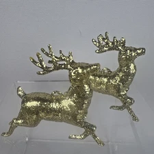Vtg Kitchy Retro Gold Glitter Plastic Prancing Reindeer Deer set 2 Mid Century