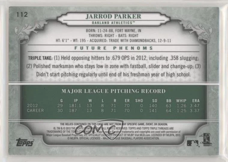 2013 Topps Triple Threads Future Phenoms Emerald /50 Jarrod Parker #112 Auto - Image 2 of 2