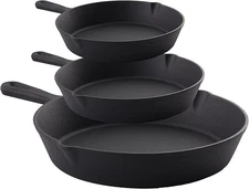 3 Piece Cast Iron Skillet Frying Pan Set 6 8 10 in Handle Pre-Seasoned Black