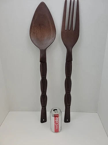Vintage Tiki Large Wood Carved Totem Pole Spoon & Fork  26 1/2"  Decor Wall Art