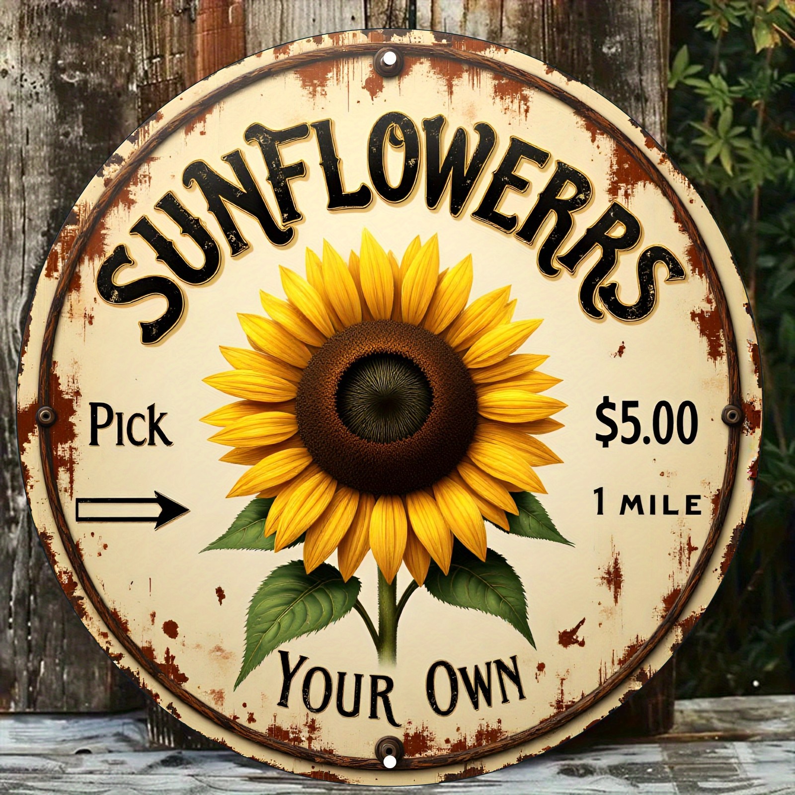 Vintage Sunflower Round Aluminum Art 8x8Inch
