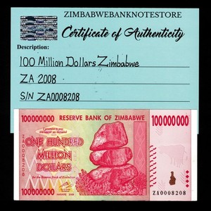 Zimbabwe 100 Million Dollars Replacement Banknote 2008 COA Authentic ZA0008208