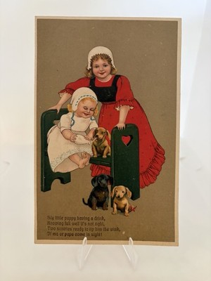 Cute Little Girls w/ Dachshund Dogs-Feeding w/Bottle-Vintage PFB Postcard