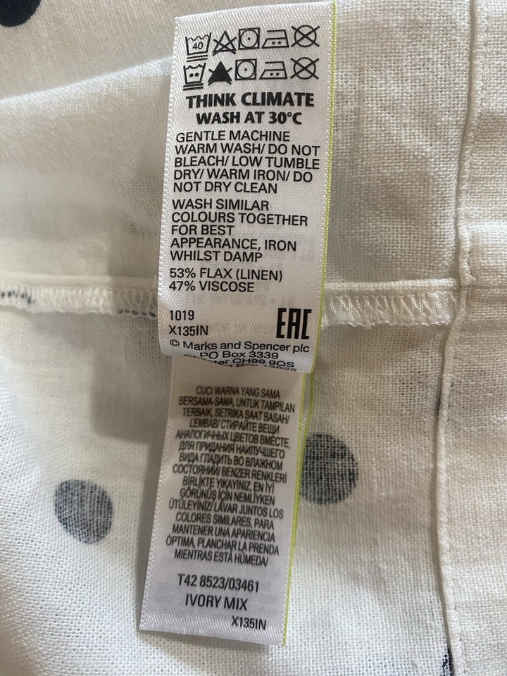 M&S White Spotty Navy Linen Blend Dress Size 16 Short Sleeves Pockets