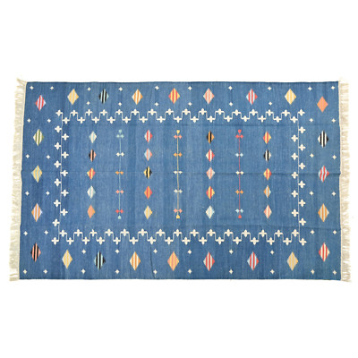 Dhurrie Rug Blue Area Handwoven Handmade Flatweave Reversible Kilim floor mat