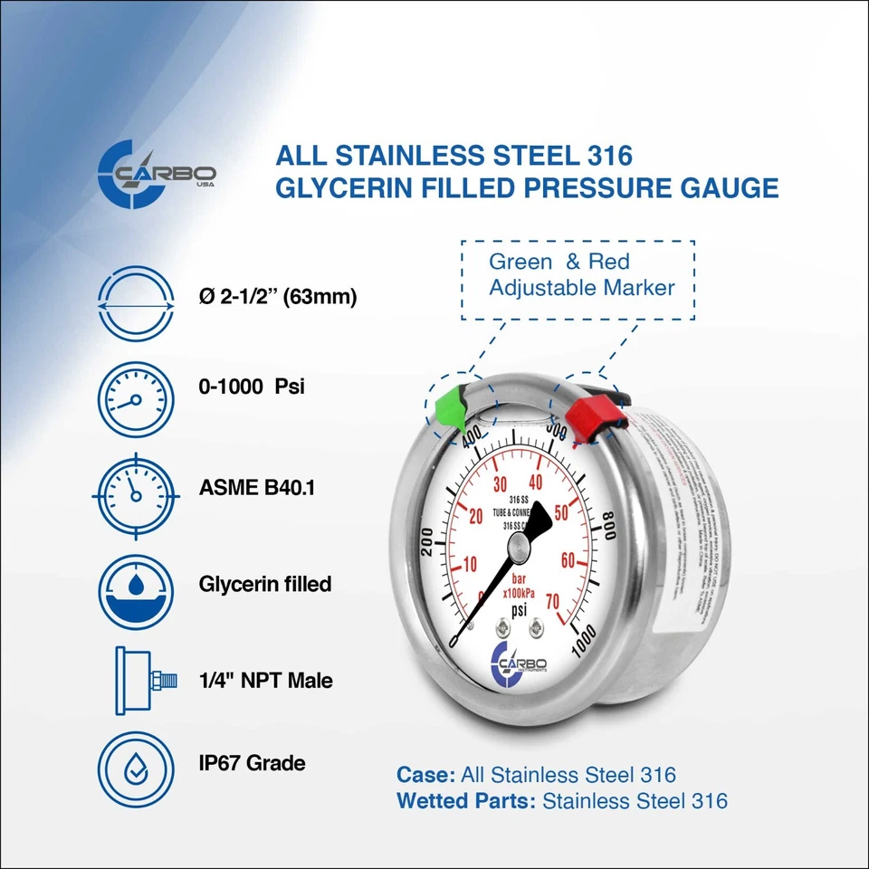 2-1/2" Pressure Gauge, ALL STAINLESS STEEL, Liquid Filled, Back Mnt, 1000 Psi - Image 2 of 4