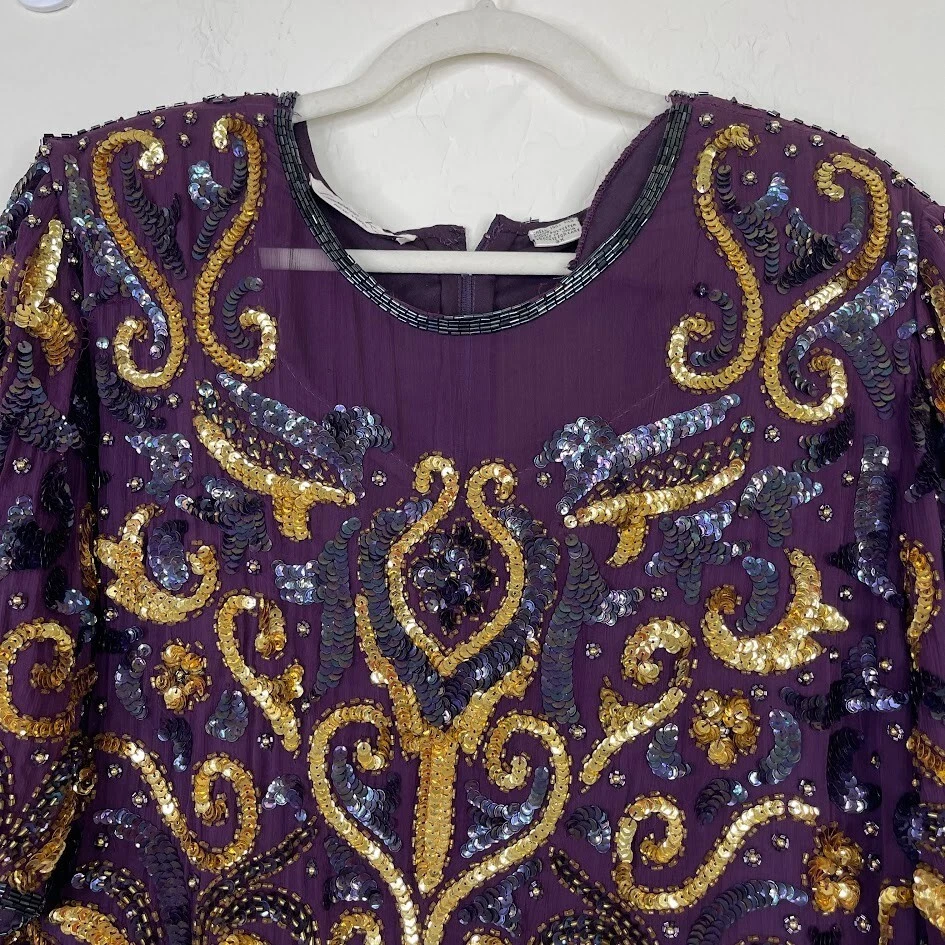 Vestido Laurence Kazar Vintage Mujer Noche Cóctel Talla 2X Cuentas Seda Púrpura Foto 2 de 4