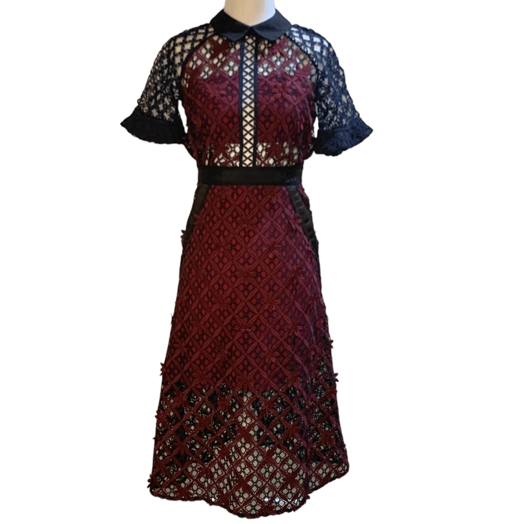 Self-Portrait Floral Grid Midi Dress Lace Collared US 2 UK 6 Extra Small