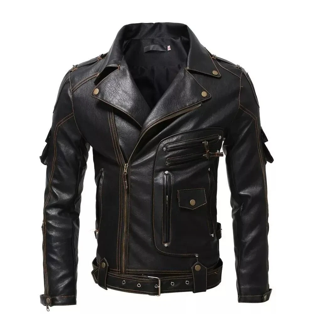 Men’s Distressed Black Leather Motorcycle Jacket Vintage Racer Biker Coat