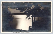 RPPC Real Photo Moonlight Lake Cabin Shoreline 1900's Barrel Cancel Postcard