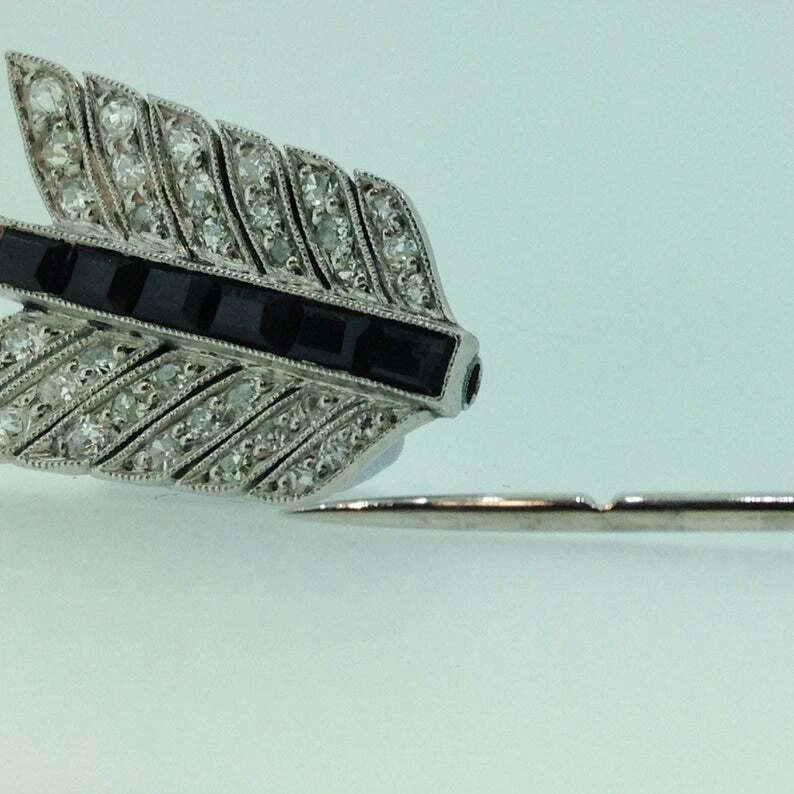 1930's Art Deco Shiny White CZ & Black Sqaure Onyx Jabot Lapel Pin In 925 Silver - Image 2 of 4