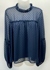 Le Lis Polka Dots Ruffled Neck Long Sleeve Blouse Size Large Blue . Made In USA