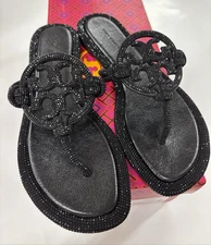 Tory Burch Women's Miller Pave Logo Thong Sandals Perfect Black US Size 7.5
