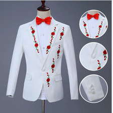 Mens New 2Pcs Jacket Pants Business Printing Floral Slim Fit Wedding Stage Show