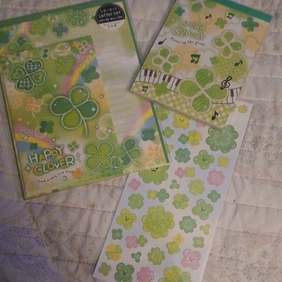 Kawaii Lucky Clover Letter Set, Med Memo Pad & Sticker Sheet/USA/FREE Ship