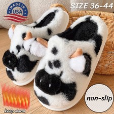 Womens Fur Cow Slippers Home Shoes Indoor Home Warmth Thick Soled Plush Slippers
