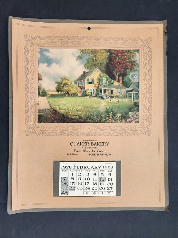 1928 antique CALENDAR york springs pa QUAKER BAKER ice cream N R CRISWELL