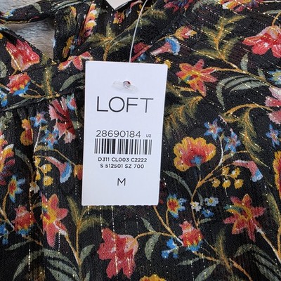 LOFT Blouse Womens Medium Black Floral Shimmer Short Sleeve Top