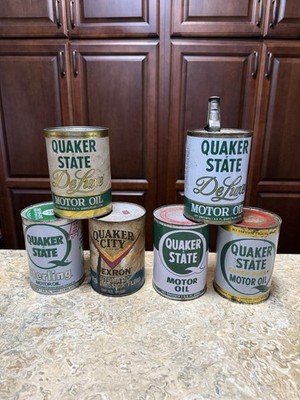 Vintage Quaker State/City Motor Oil 1 Quart Metal Cans. Bottom 4 Are Full