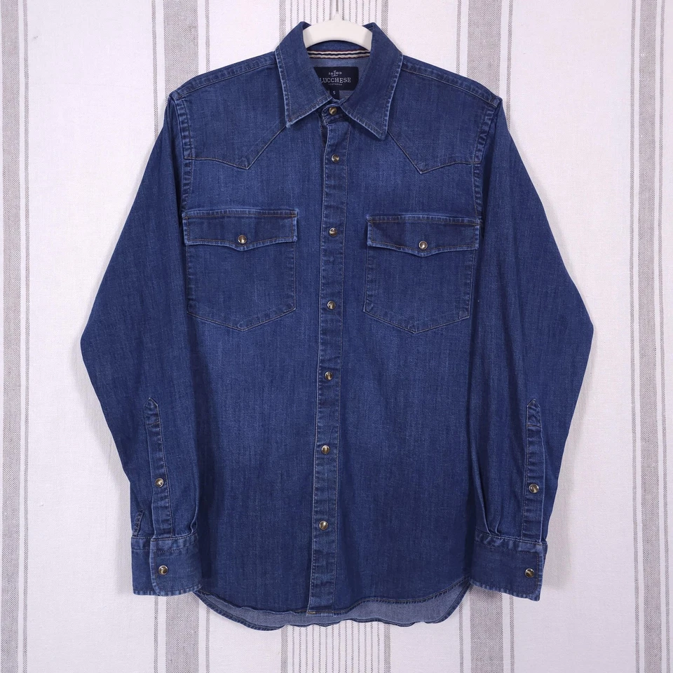 Lucchese Shirt Mens Small Blue Denim Western Cowboy Pearl Snap Long Sleeve - Image 2 of 4