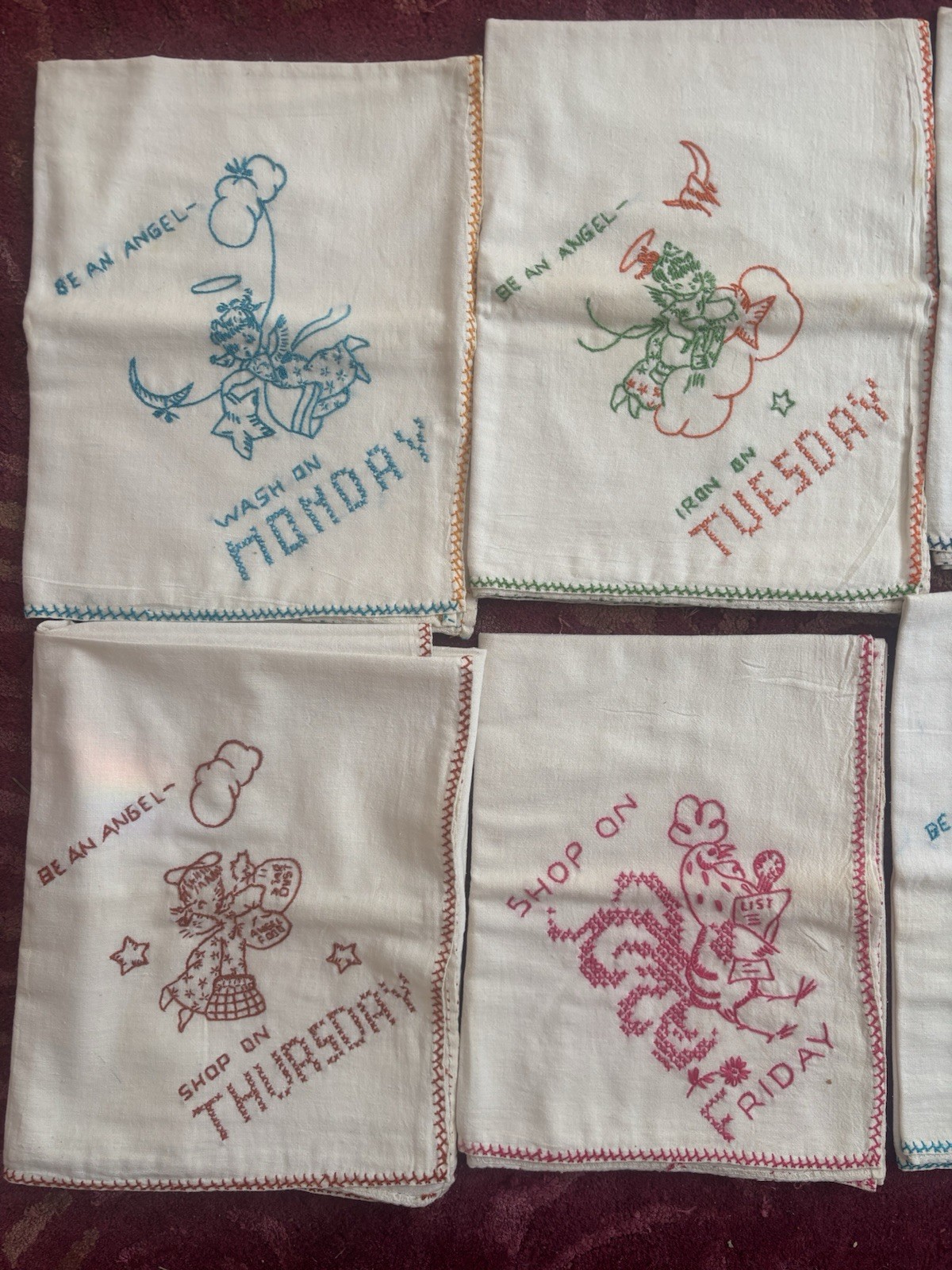 Vintage Hand Embroidered Daily Set of 7 Tea Towels