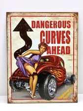 Vintage Reproduction Dangerous Curves Ahead Decorative Metal Tin Sign Man Cave