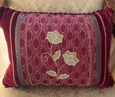 Red Vintage Velvet Decorative Pillow Gold Thread Ribbon Borders Down 20 x 14 Zip