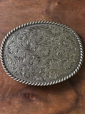 SILVER RECTANGULAR FLORAL SCROLL BELT BUCKLE 